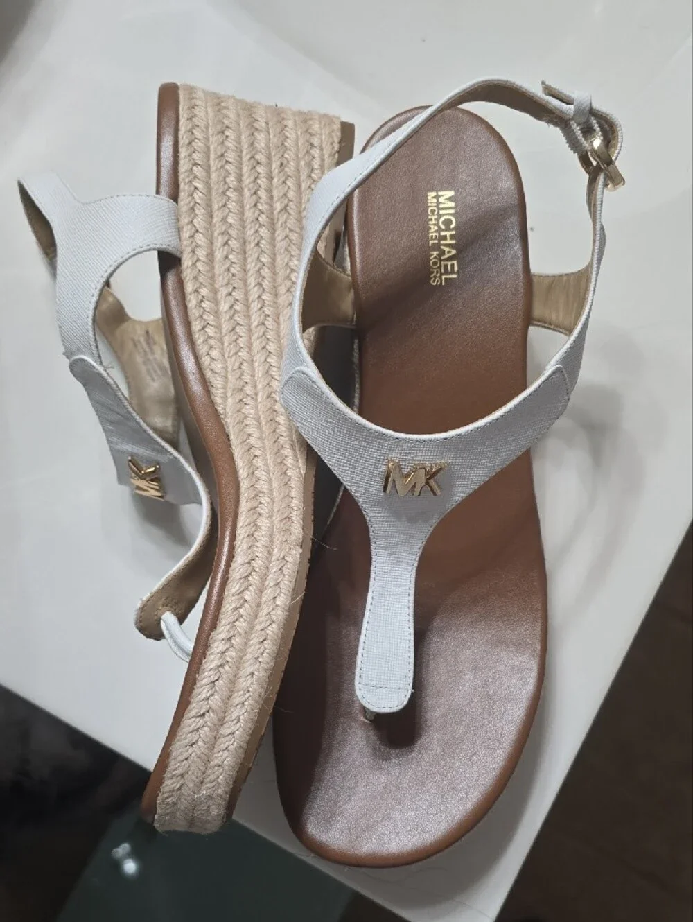 Michael Kors White Leather Espadrille Wedge Sandals